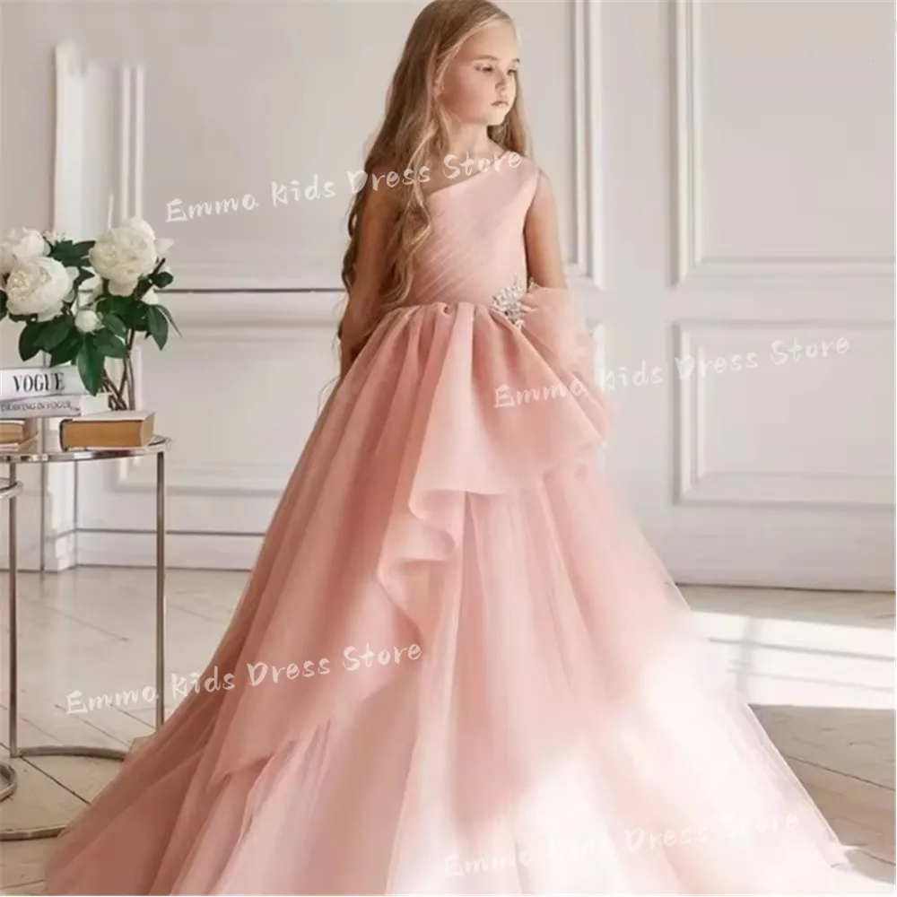 Elegant Flower Girl Dress for Wedding Backless Bow One Shoulder Princess Children Prom Dress First Communion Birthday Party Gown