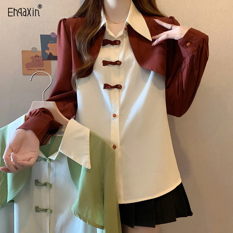 

EHQAXIN 2024 New Summer Ladies Casual T-Shirt Elegant Spliced Chinese Style Loose Button Flip Collar Tops For Womens M-4XL