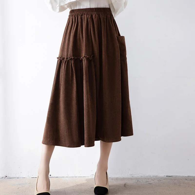 MiiiiX Simple Versatile Corduroy Skirt Elastic Waist Loose A-line Ruffled Design Mid-length Casual Skirt Autumn Women's Clothes