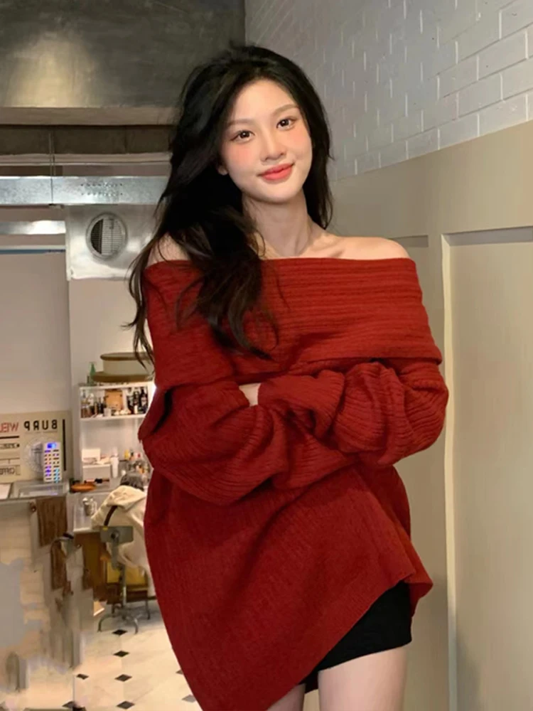 

Красный трикотаж с очками, женский осенне-зимний длинный свитер све Sweet Sle, свободный крой, модный модный китайский новогодний свитер