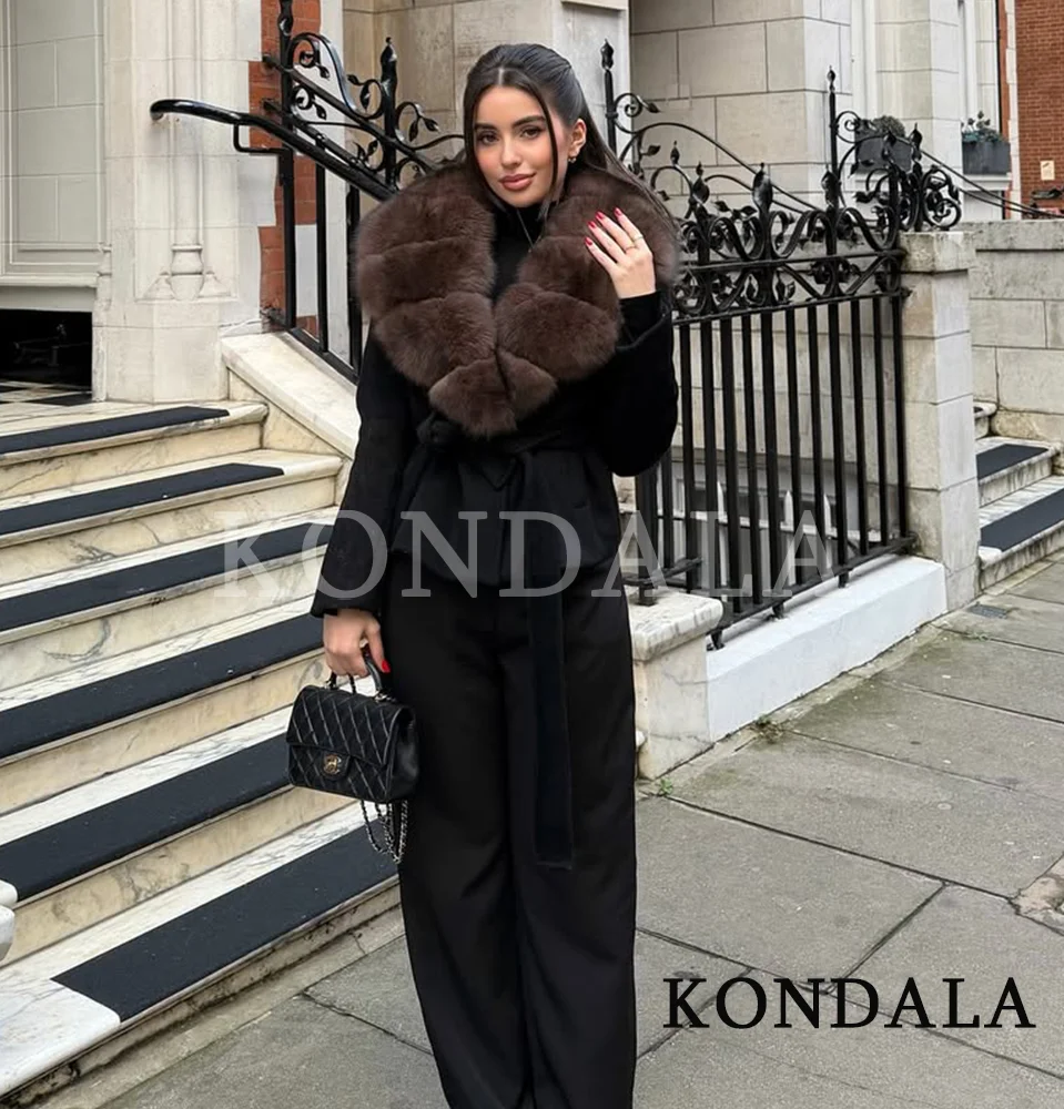 

KONDALA Fall Winter Fur Collar Belt Coat Elegant Faux Fur Collar Slim Buttons Jacket Women Coat 2025 Fashion Luxury Dinner Coat