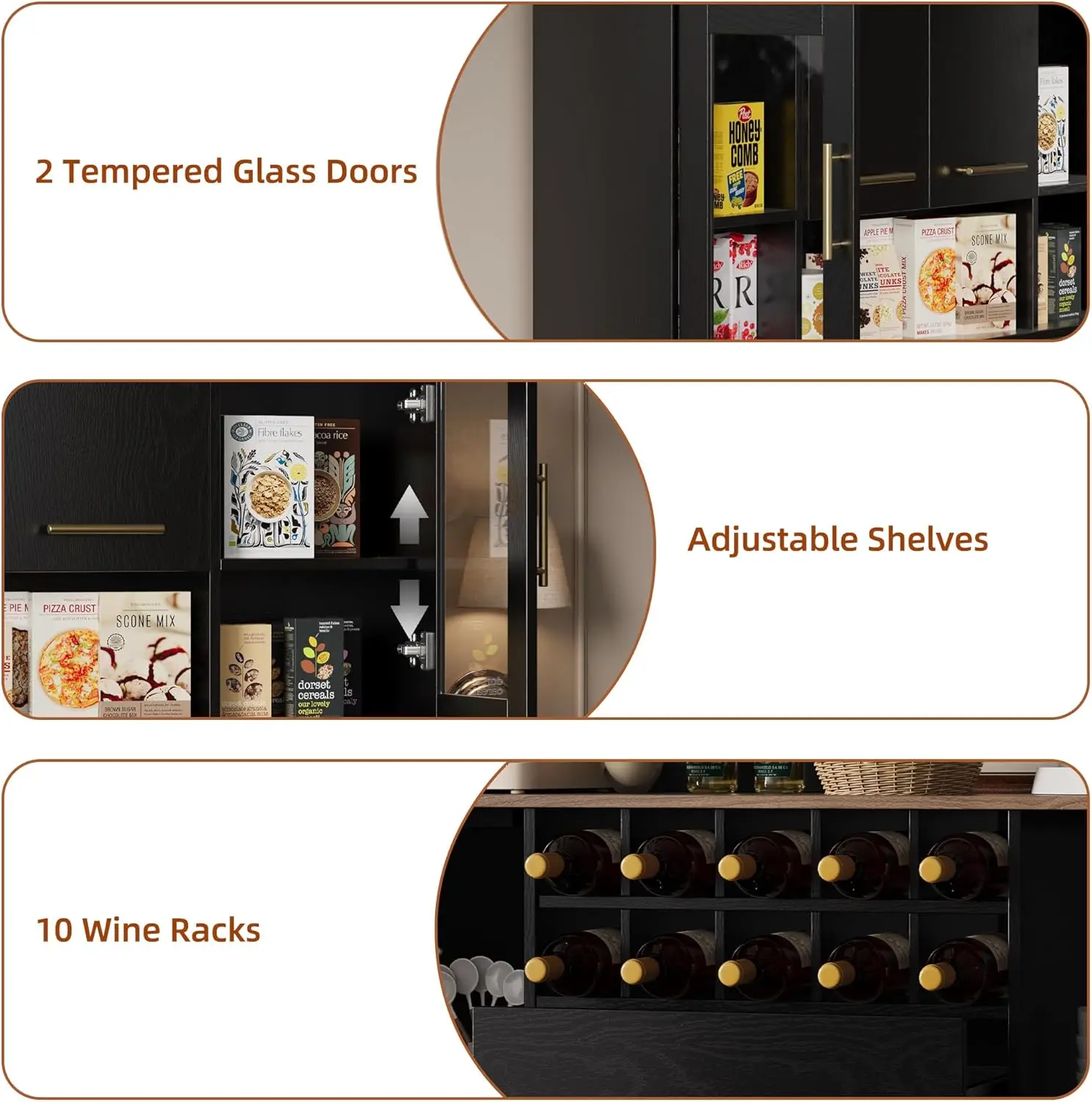 71인치 주방 팬트리 캐비닛, 전자레인지 스탠드 포함, 5개의 캐비닛, 2개의 서랍, 10개의 와인 랙, 모던 블랙 허치