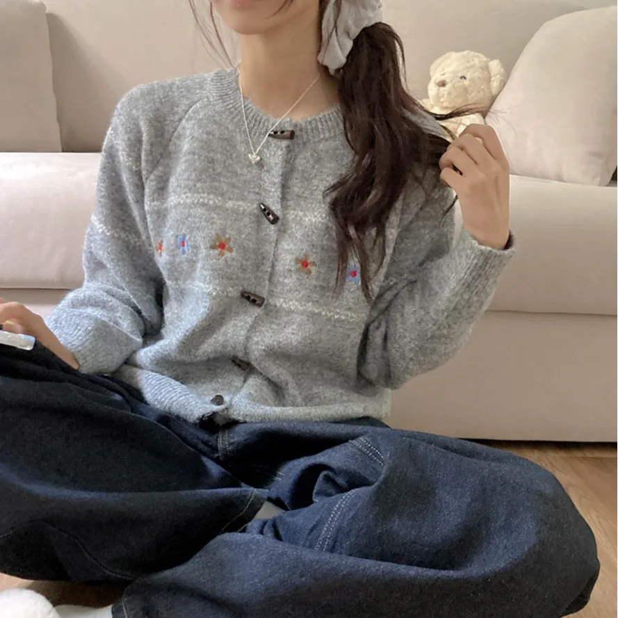 المرأة محبوك مفتوحة الجبهة سترة معطف مطرز زر فضفاض تنوعا الخريف الشتاء Faion الكورية Sle طويل Sve