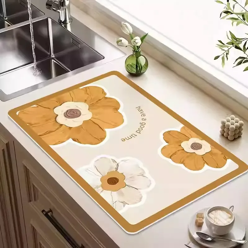 Quick Dry Dish Drying Mat Flower Rubber Tableware Draining Pads Rug Kitchen Dinnerware Placemat Super Absorbent Coffee Drain Pad