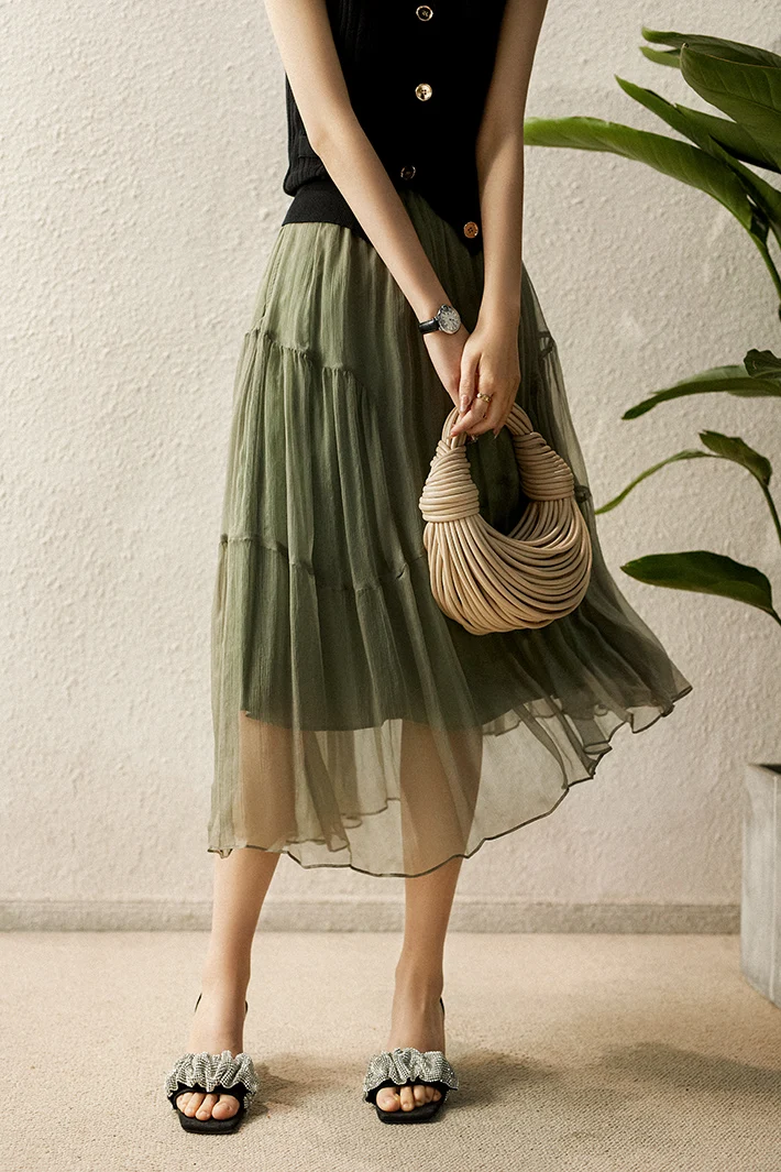 BirdTree, 100%Mulberry Silk Elegant Skirts, Women Crepe Solid Color, Beach Commute Irregular Skirt, 2024 Summer Autumn B474100QM