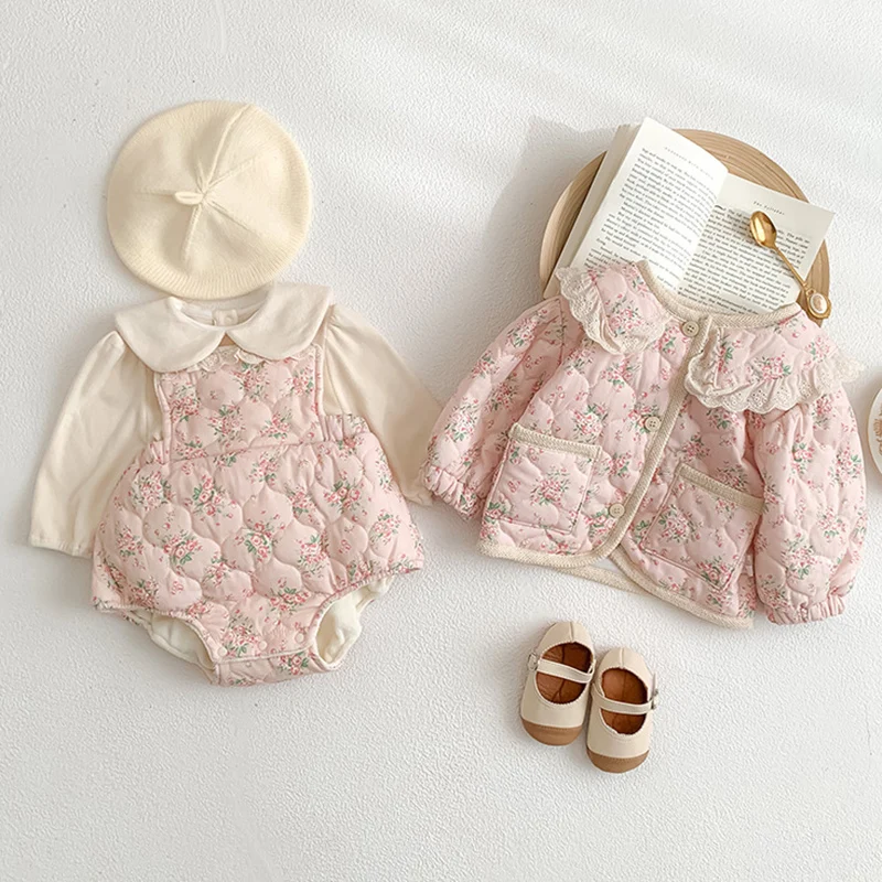 Winter Newborn Baby Girls Clothing Suit Printed Cardigan Sleeveless Jumpsuit T-shirt Infant Baby Girl Thicken Warm Clothes Set