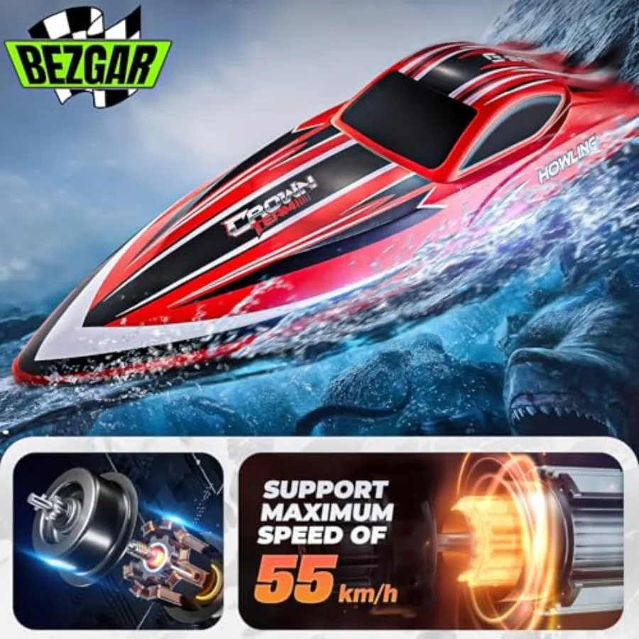 RC Boat for lakes: 16-inch brushless waterproof speed boat, red, 55 KPH fast performance with 2000mAh battery, ideal for adults