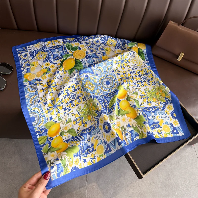 2026 New Fruit Print Silk Square Scarfs for Women Decorate Neck Ties 70*70cm Kerchief Lady Summer Beach Hijab Female Neckerchief