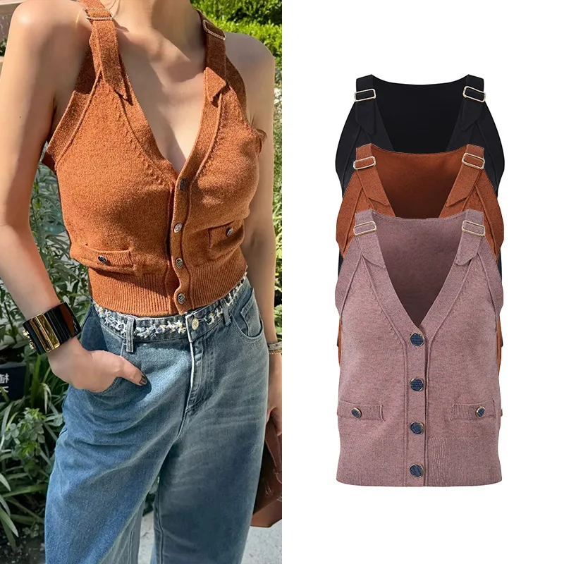 خريف 2025 جديد Sle Fraance صغير V-ne oulder Bule تنوعا محبوك Svel ort سترة تانك القمم المرأة Faion