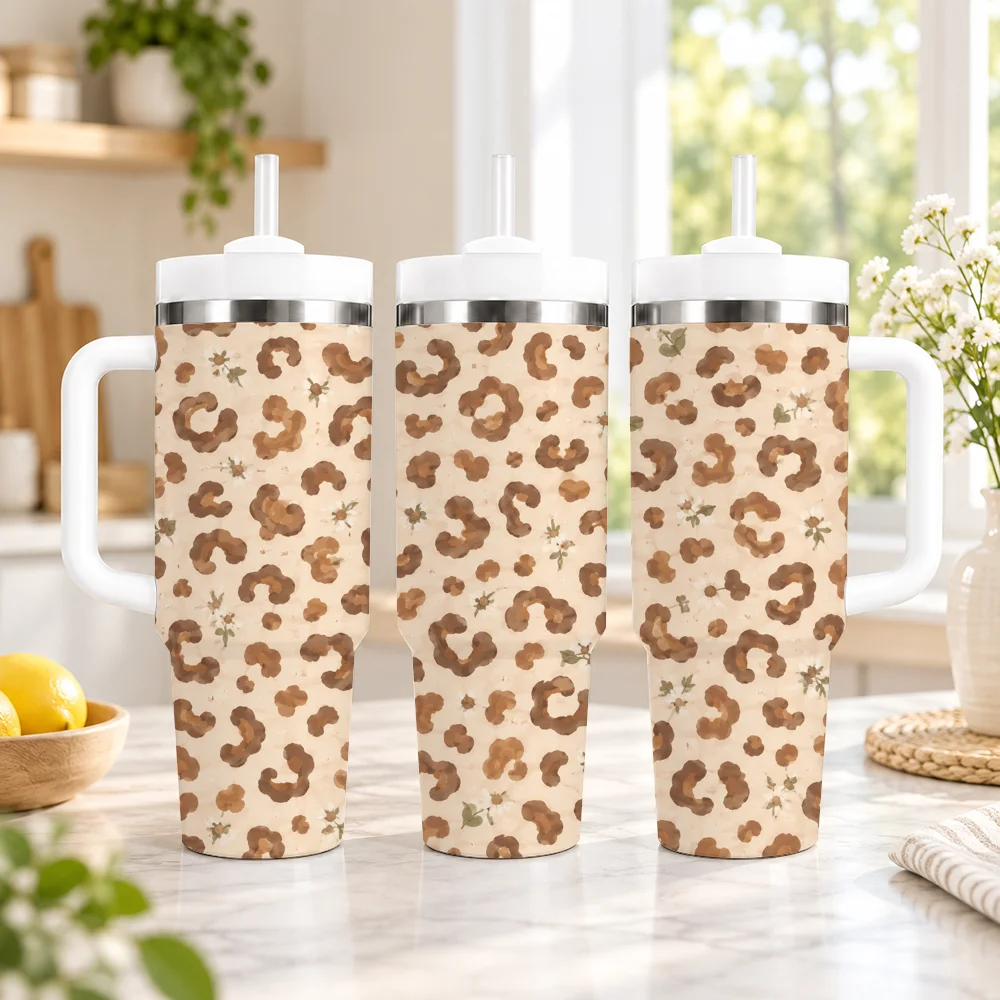 Boho Leopard Style Gift Vacuum Flasks 40oz em Aco Inoxidavel com Alca e Canudo, Caneca de Viagem a Prova de Vazamentos