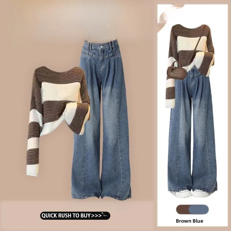 

Мягкий уютный полосатый свитер с длинными рукавами и джинсы с высокой талией прямого кроя: женский осенне-зимний комплект в стиле Lazy Sle Knitted Dr Code