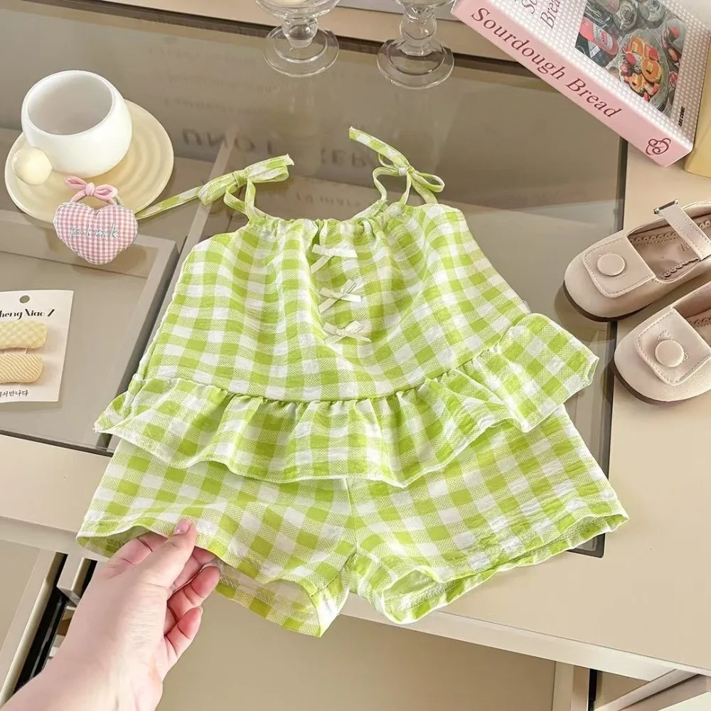 Fashion Princess Girls Sling Shorts Set Thin Bow Strap Suits Sweet Vest Skirt for Toddler