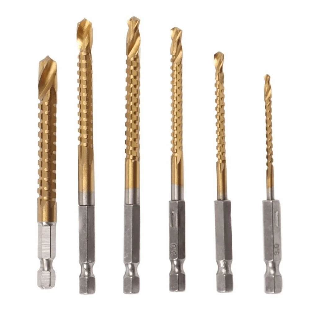 6PCS Titanium Coated Twist Drill Bits HSS Hex Shank Serrated Side Cutting Drill Bit 3-8mm Serrated Cutting Woodworking Tools