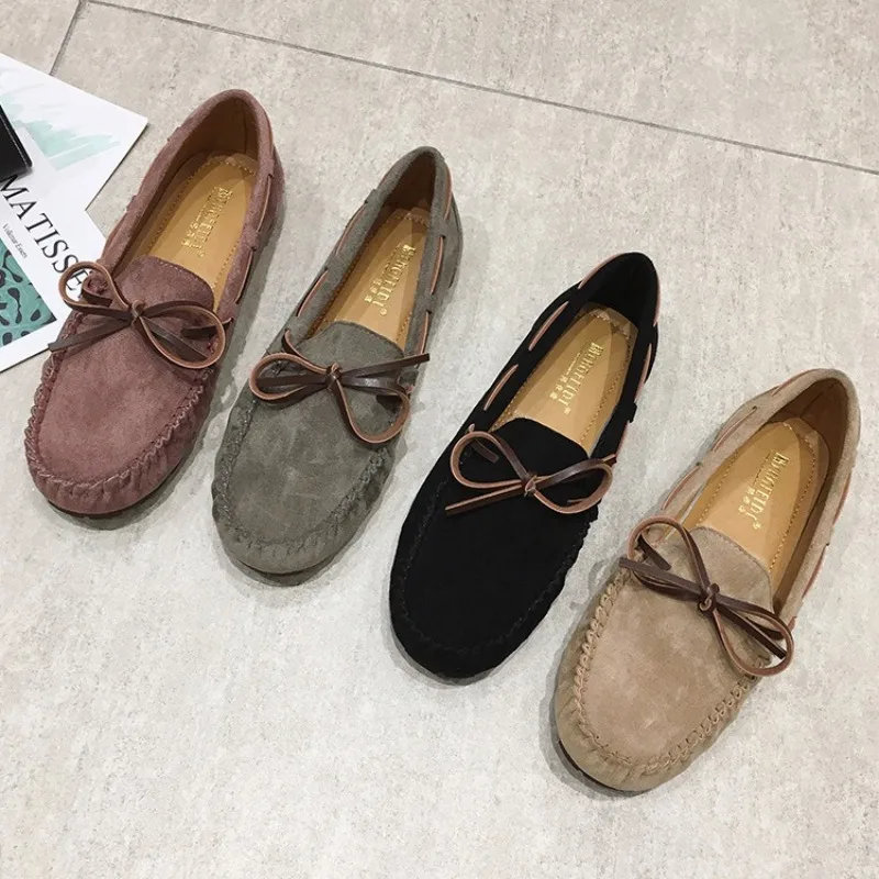 

Comfortable Faux Suede Flat Loafers Women Fashion Sewing Pleated Bow Embellished Designer Shoes Vintage Commuter Office Shoes