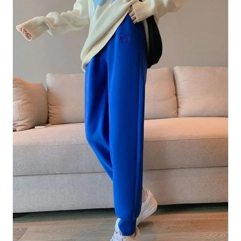 High Waisted Drawstring Loose Sports Pants for Women, Casual Blue Leggings, 9-Point Tight, Spring and Autumn, New, 2023