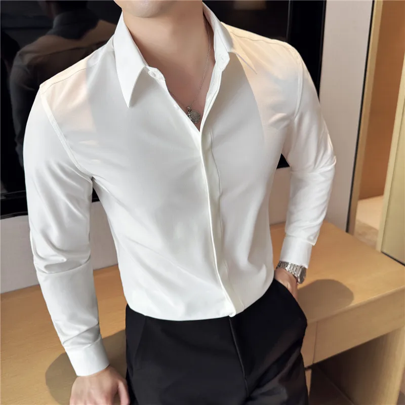 

Высококачественная мужская однотонная рубашка с длинным рукавом, модная невидимая рубашка на пуговицах, облегающая деловая повседневная социальная рубашка 4XL-M