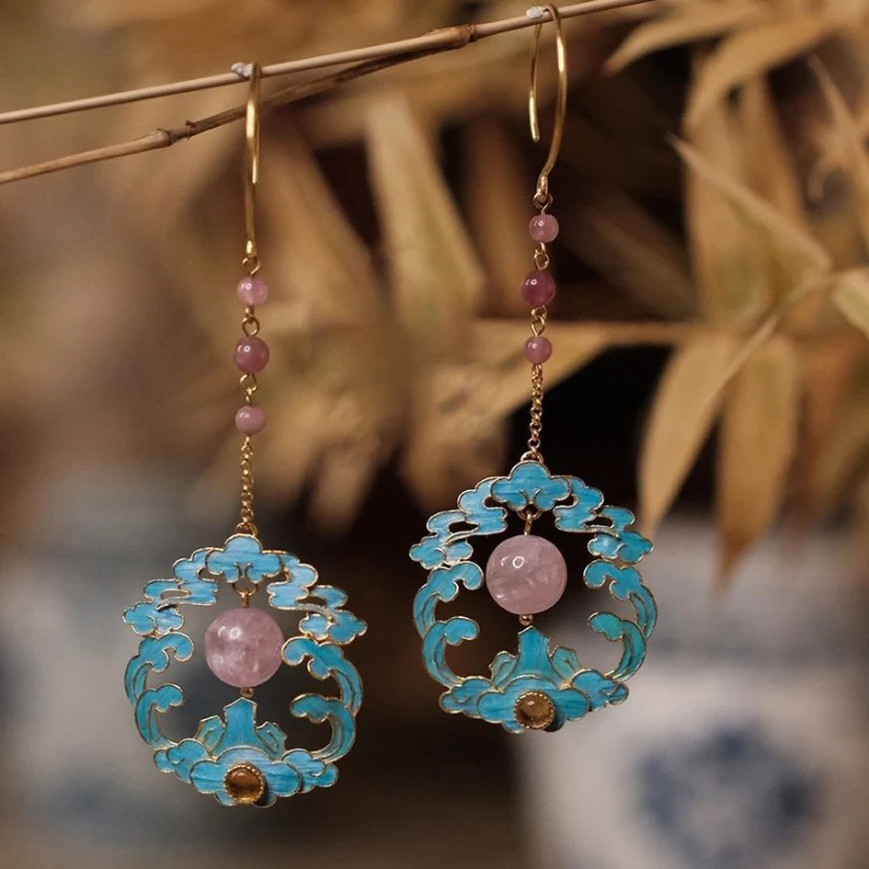 Long style enamel blue auspicious cloud earrings for women  classical round bead pink crystal earrings qipao Hanfu jewelry gift