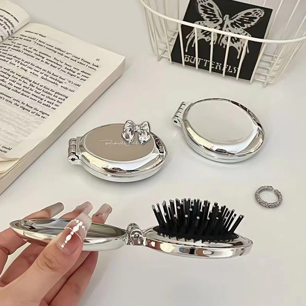 Tragbare Mini Silber Taschenspiegel Klappkamm Mädchen Frauen Runde Kleine Reise Massage Haarbürste mit Spiegel Styling Zubehör