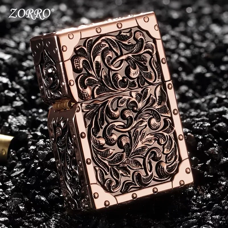 2024 New Zorro Brand Pure Copper Five-sided Arabesque Carving Pattern Windproof Kerosene Lighter Armor Men\'s Collection Gift