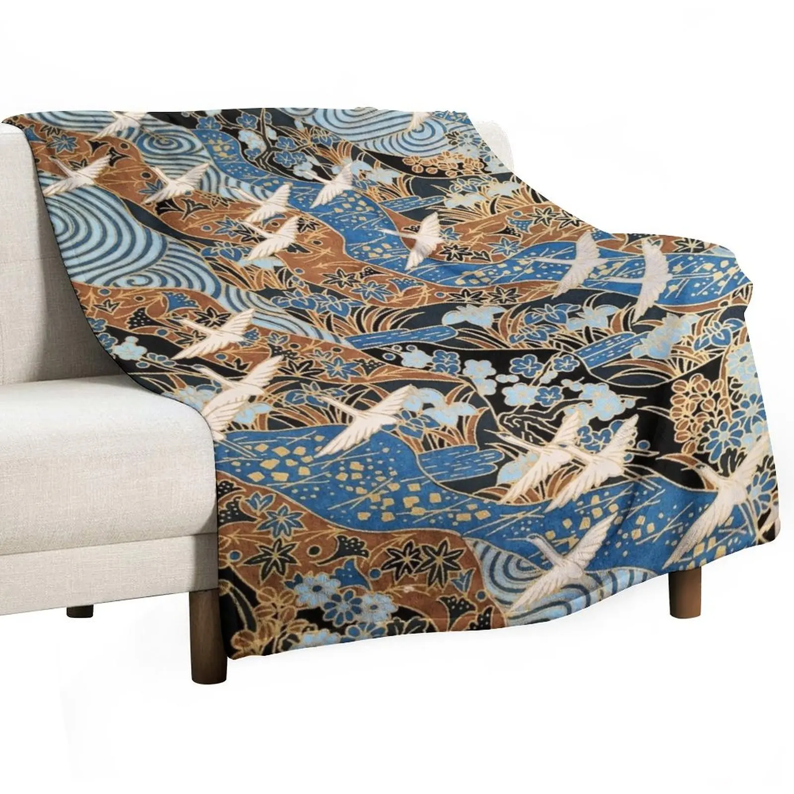 

FLYING WHITE CRANES ON BLUE WATER AND SPRING FLOWERSAntique Japanese Floral Throw Blanket funny gift Blankets