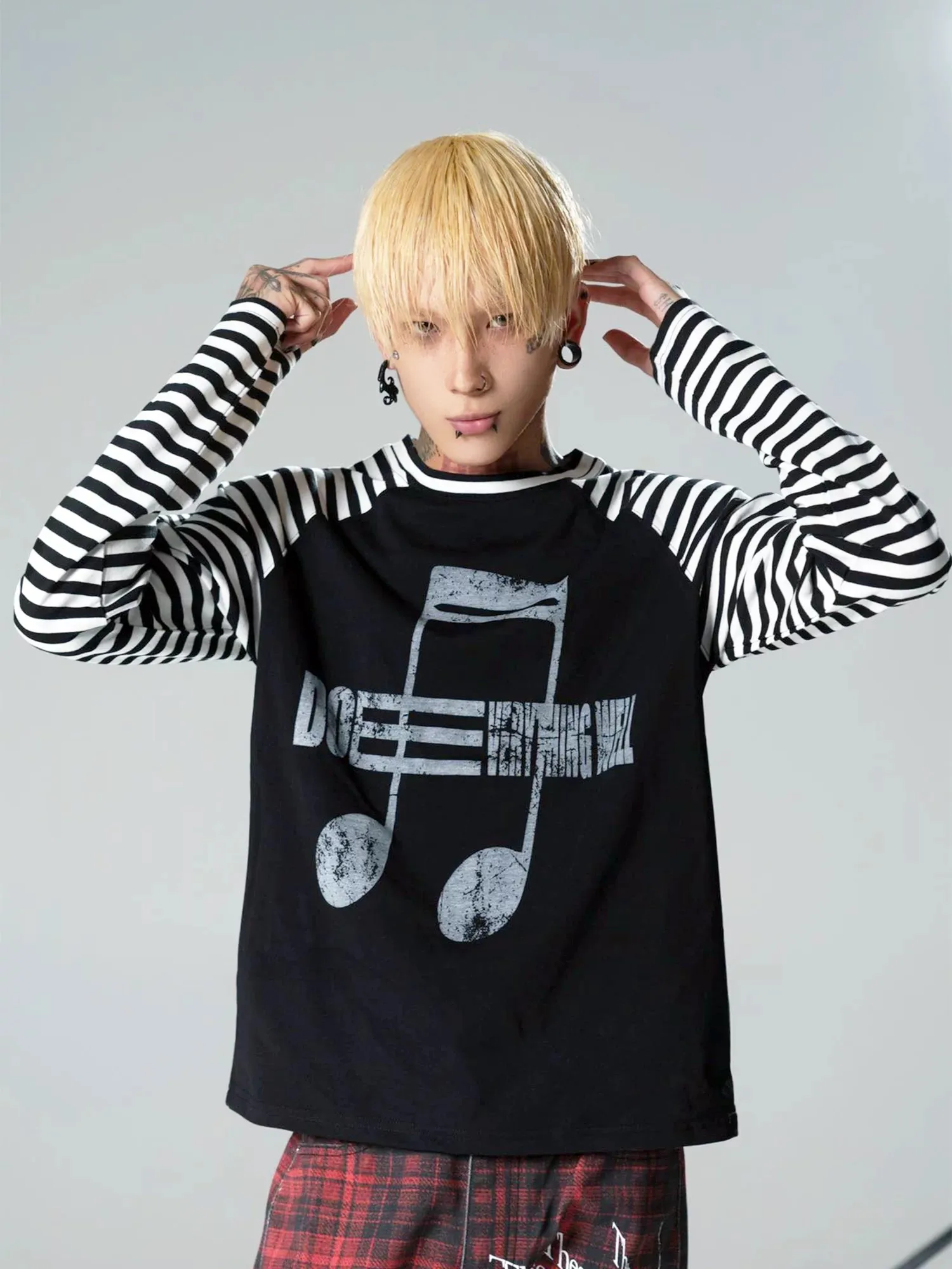 American High Street Dark Note Stripe Slim Fit Long Sleeve T-Shirt Unisex Subculture Base Shirt Trendy Polyester Fiber