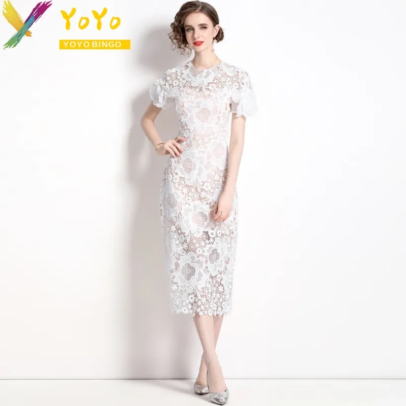 YoYo Bingo 2023 Summer White Elegant Formal Hollow Lace Embroidered Flower Ruffle Sleeve Dress Slim Bodycon Party Club Dress