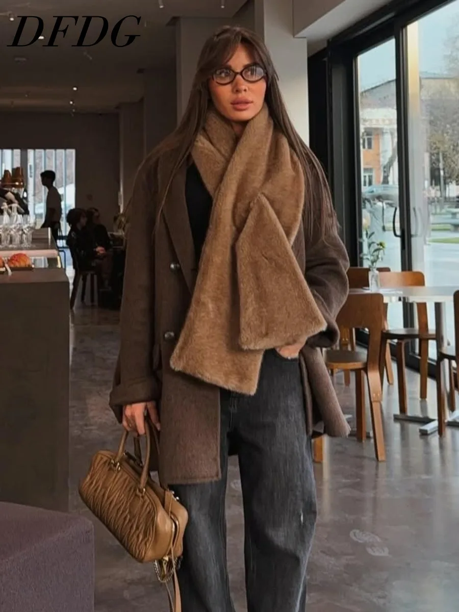 DFDG Women 2026 Luxury Faux Fur Long Scarf Soft Plush Warm Shawl Wrap Winter Thermal Large Size Fashion Daily Outfit Accessory