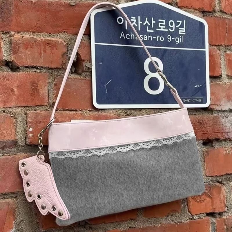 Lace Colorblock Canvas Shoulder Bag For Women Large Capacity Underarm Bag With Rivet Charm Casual Commute Hobo Bag For Daily Use