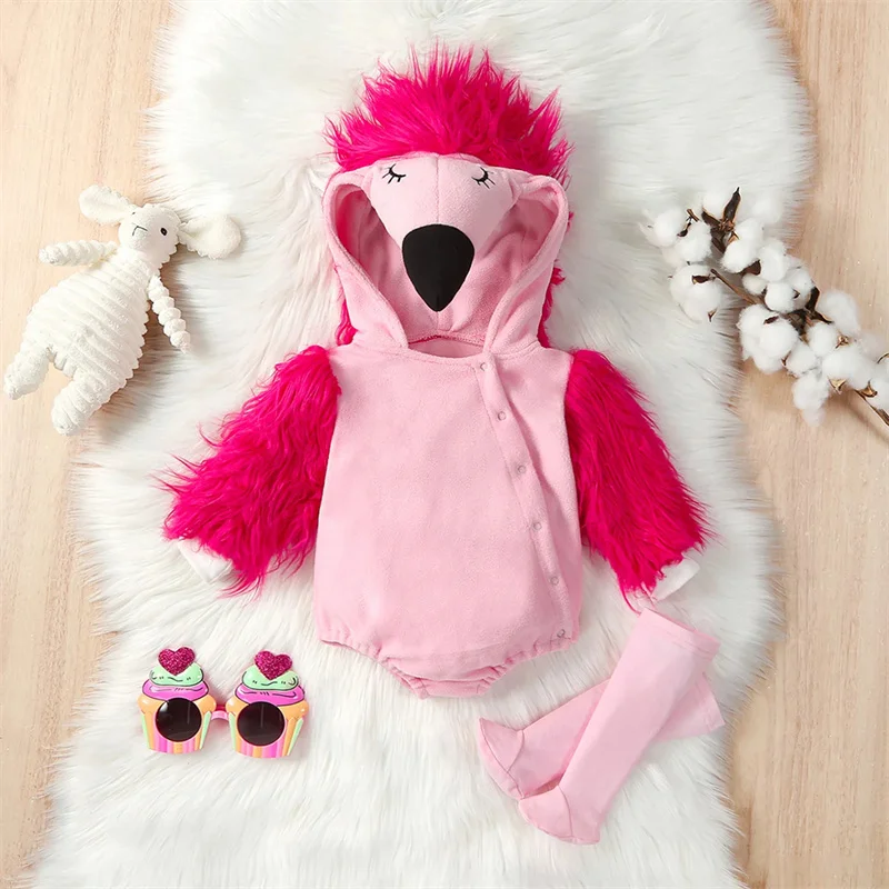 

Carnival Flamingo Baby Rompers Socks Set Winter Flannel Toddler Infant Clothes Hooded Overall Bodysuit Jumpsuit Costume For Kids