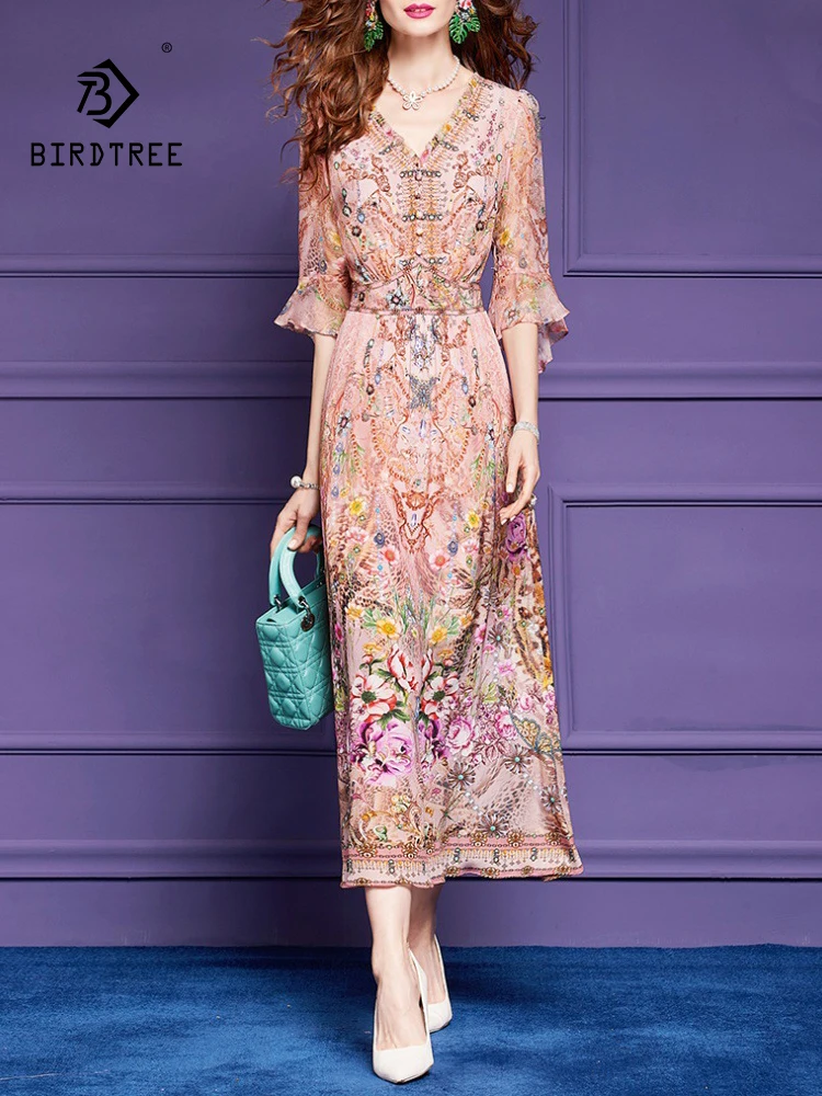 BirdTree, 100%Real Silk Elegant Dress, Women Flare Sleeve Floral Beading, Sexy French Retro Dresses, 2024 Summer Autumn D46952QC