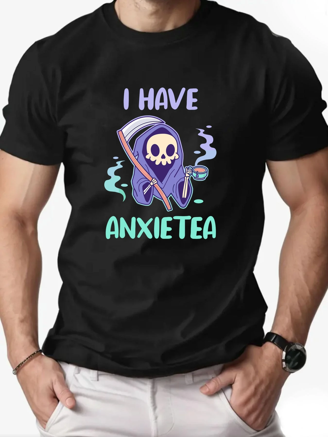

‌Men 100% Cotton Oversized T-Shirt O-Neck ANXIETEA Graphic Print Streetwear Casual Loose Fit Summer Tee Top for Daily Wear‌