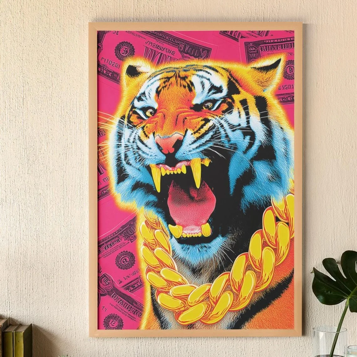 Tiger Pop Art Print | Roaring Wild Cat with Gold Chain | Bright Jungle Wall Poster