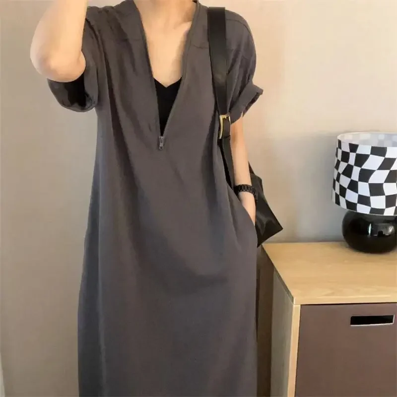 Summer Trendy Textured Oversized Black Casual Hooded Dresses for Women Streetwear Half Zipper Short Sleeve Beach Dress