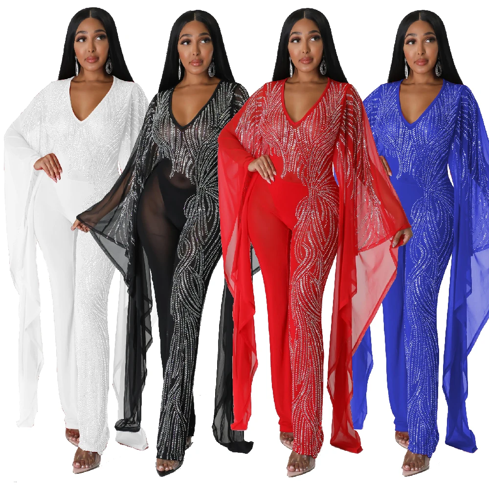 European and American style women's ultra long sleeve mesh jumpsuit with diamond studded translucent sexy women's clothing