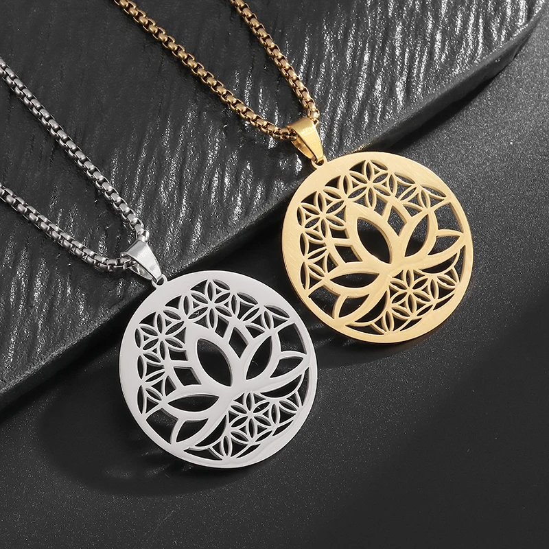 Stainless Steel Vintage Buddhist Lotus Pendant Necklace Men Women Fashion Bohemian Aesthetic Jewelry Gift