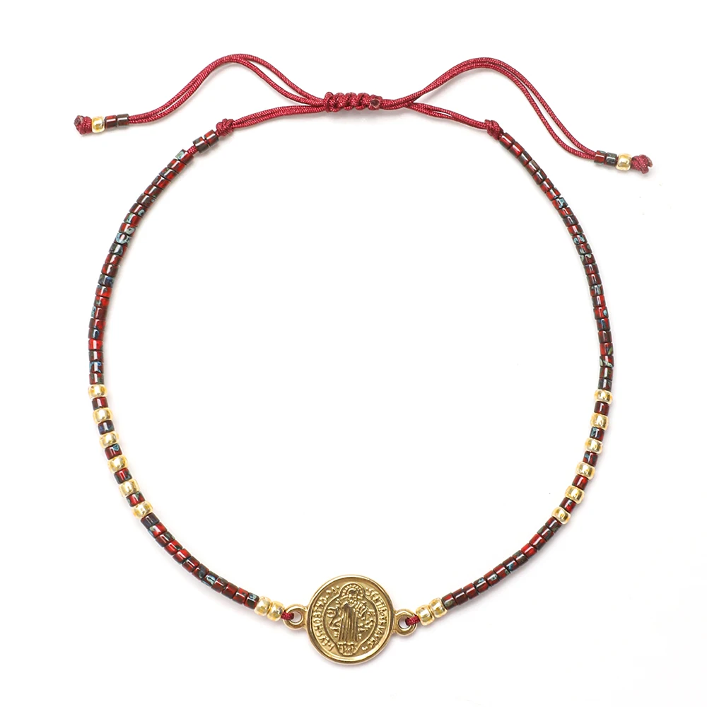 Antique Gold Color Saint Benedict of Nursia Stainless Steel Bracelet Glass Bead Rope Chain for Men Women Wholesale