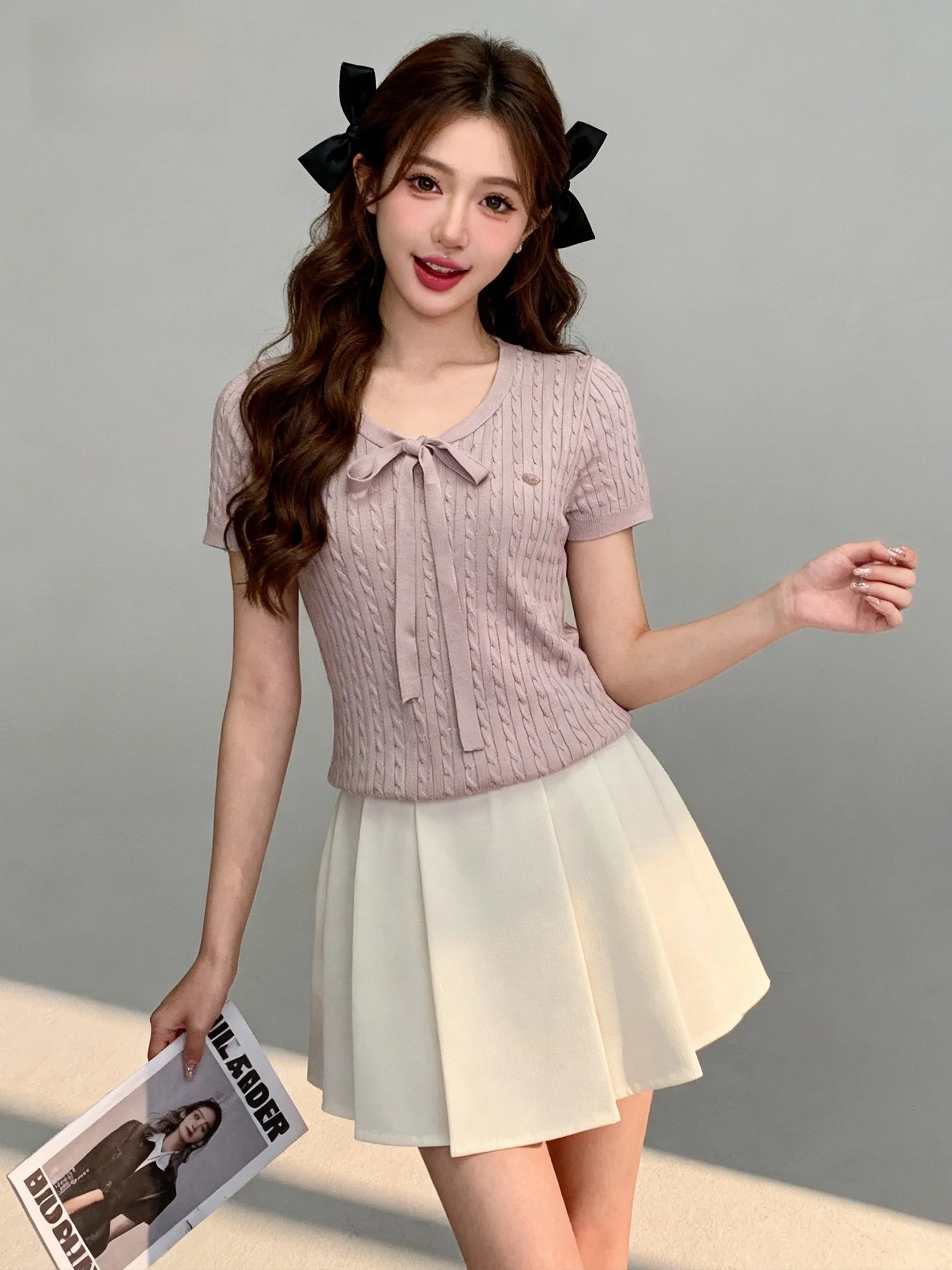 

Комплект Chuu Home: вязаный летний фиолетовый костюм-двойка с коротким рукавом для женщин, маленький размер, в стиле «Допамин», облегающий, дышащий, повседневный