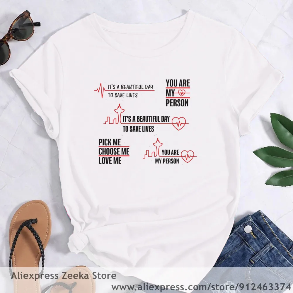 Greys Anatomy You\'re My Person Ullzang  Women Funny Print Ladies T-shirt Girl Y2K Harajuku Basis O-collar White Shirt Short