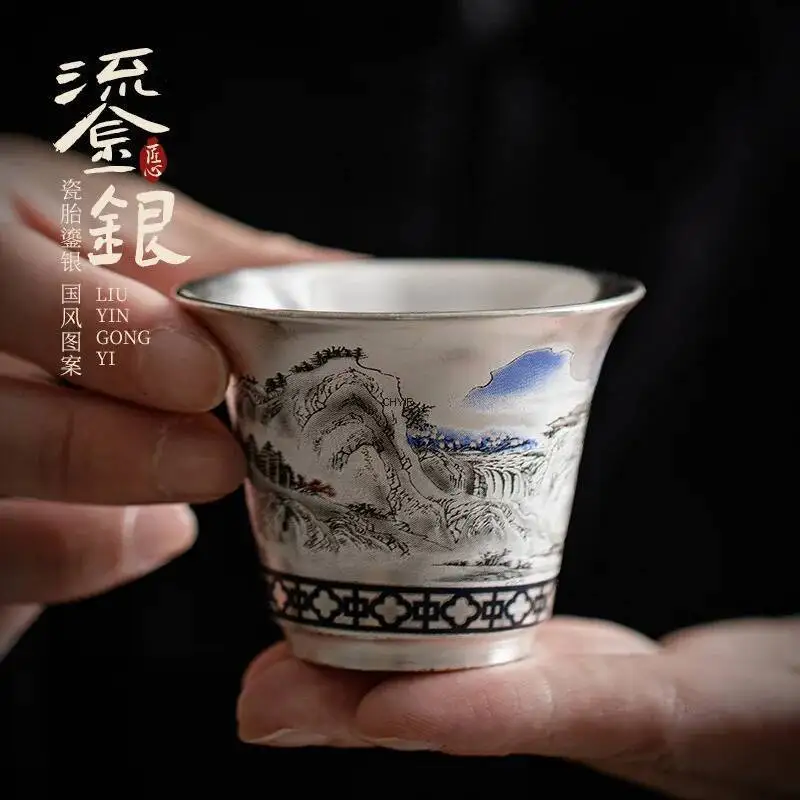 عرض الجبال والماء كوب شاي صغير من السيراميك المطلي بالفضة كوب شاي منزلي كوب رئيسي كوب واحد كوب شخصي على الطراز الوطني #1