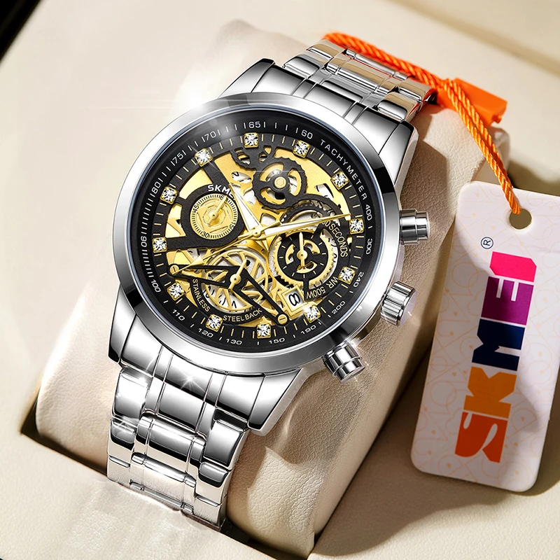 

SKMEI новые роскошные наручные часы из нержавеющей стали для мужчин, модный дизайн, кварцевые часы для отдыха, водонепроницаемые часы с 3 барами