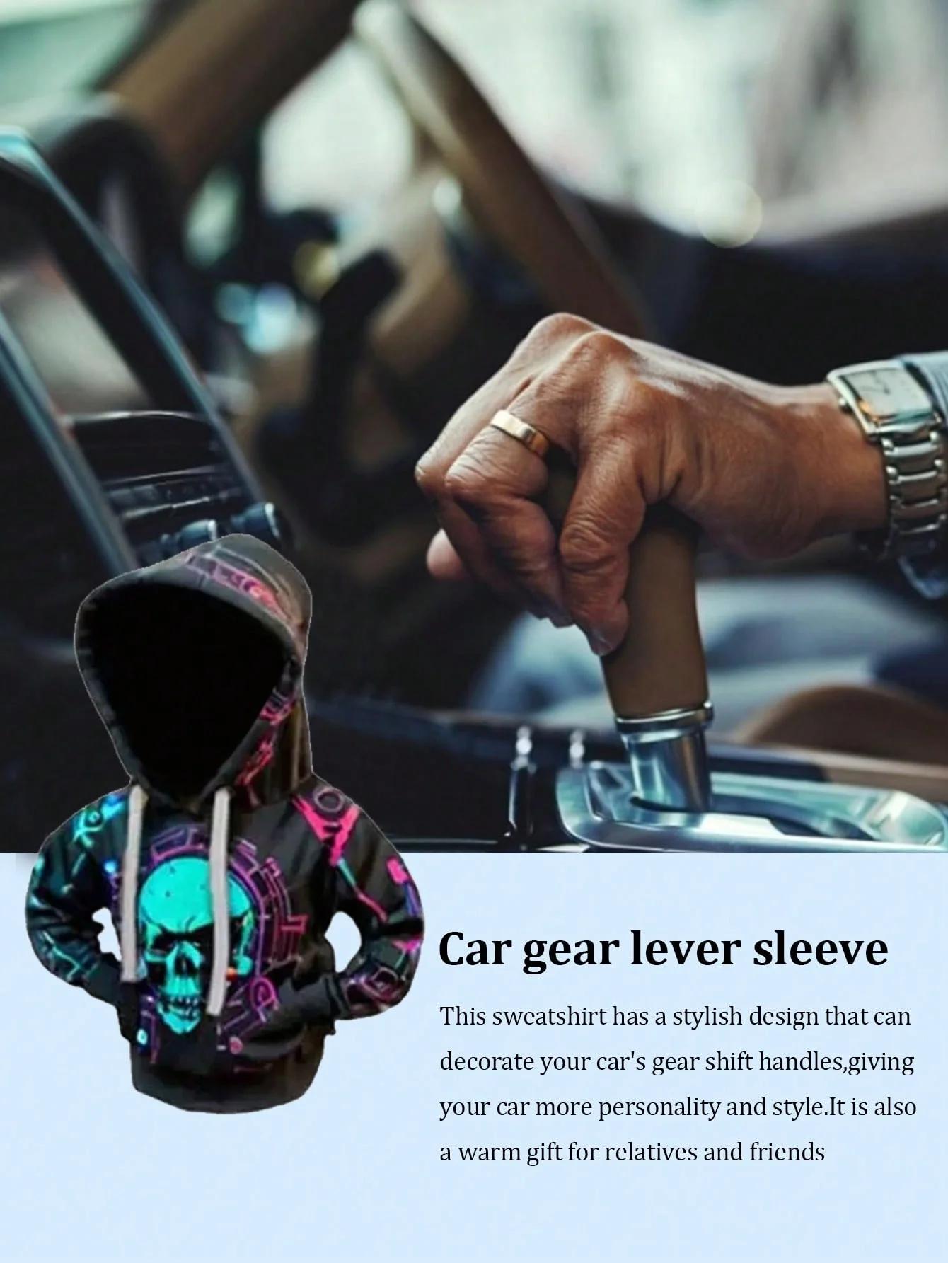 Creative Hoodie Gear Shift Cover – Fun Car Interior Accessory with Neon Skull Print, Soft Anti-Sweat Inner Lining, Easy to Insta