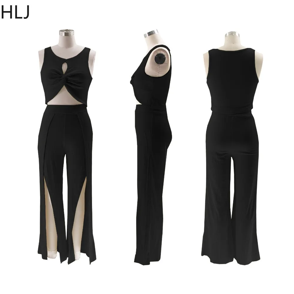 HLJ Fashion Solid Slit Wide Leg Pants Two Piece Sets Women Round Neck Sleeveless Crop Top + Pants Outfits Female 2pcs Streetwear