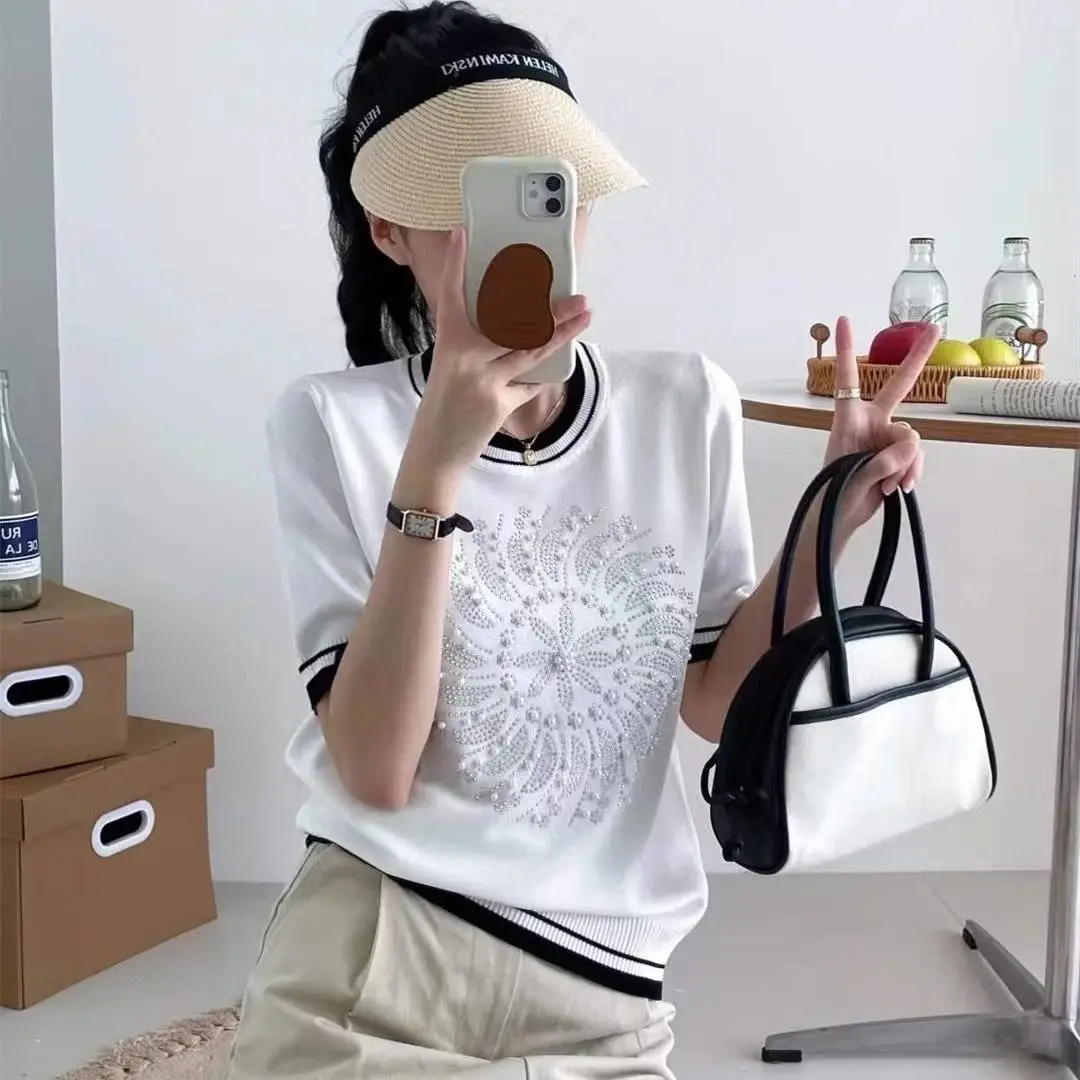 

Women 2025 Summer Knitted Ice Silk Short-sleeved Iron Diamond Slim Top