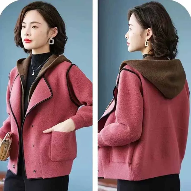 High-quality Autumn Winter Women Thicken Woolen Jacket Casual Hooded Zipper Coat Middle Aged Mother Long Sleeve Wool Outwear 4XL