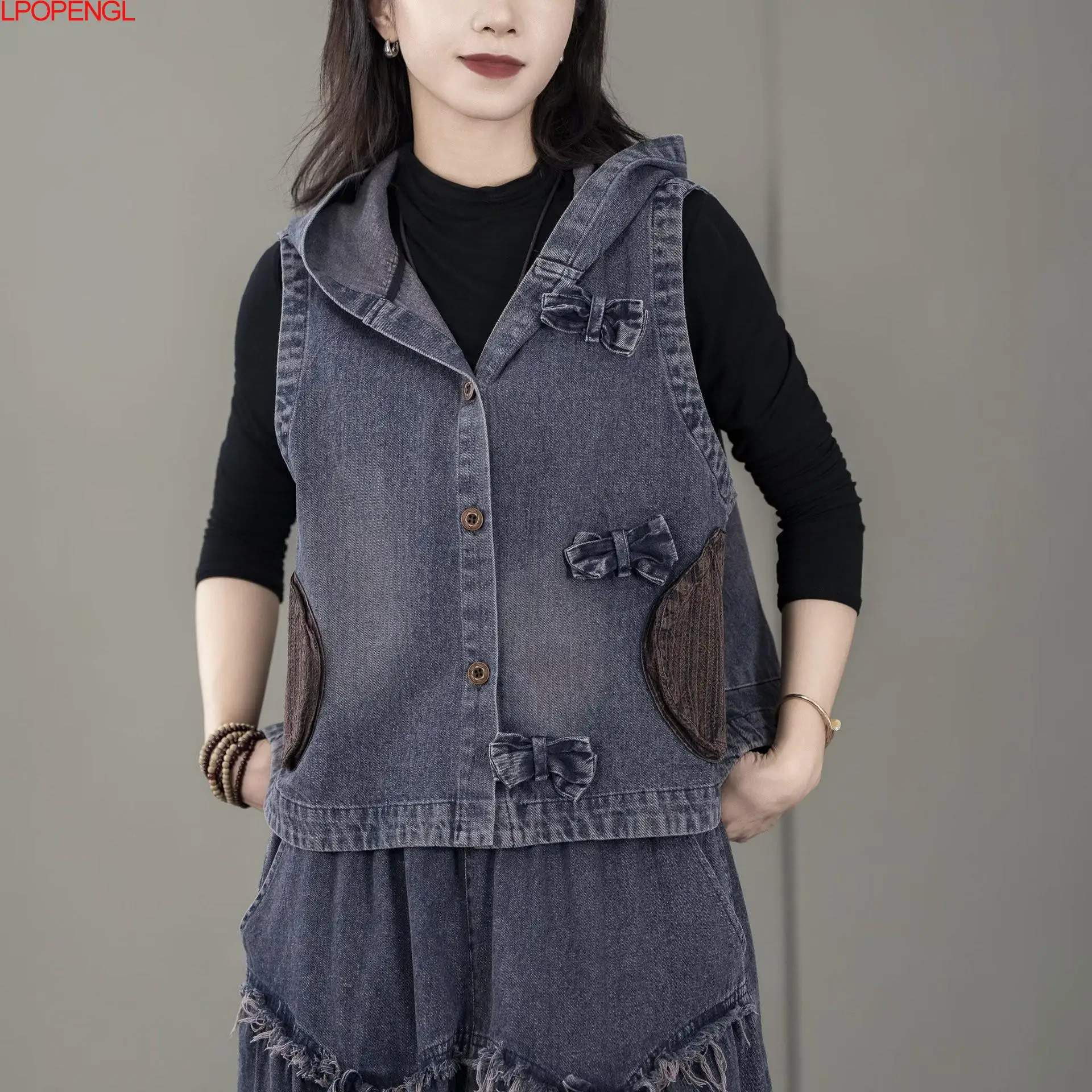 Fashion Ethnic Style Autumn Literary Retro Versatile Loose Casual Hooded Sleeveless Denim Vest Women\'s Single Breasted Outerwear