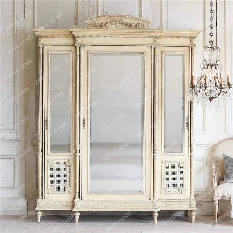 XX high-end custom wardrobe retro old solid wood carving four-door large wardrobe