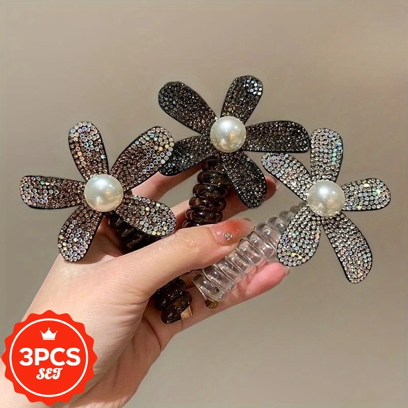 

3Pcs/set Sweet Temperament, Phone Line, Hair Loop, Women's Sparkling Flowers, Wrapped Hair Rope, Versatile Temperament