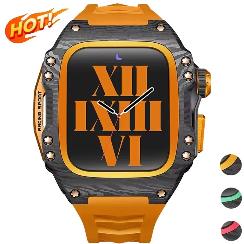 Modified Carbon Fiber Protective waterproof Case with Band strap Black metal bezel for iWatch Apple Watch series 7 8 9 44mm 45mm