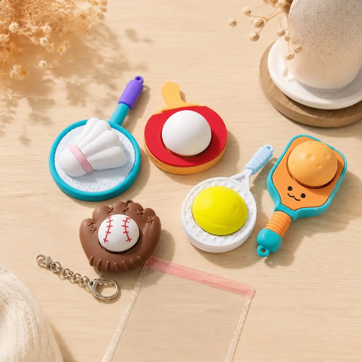 Creative Simulation Tennis Badminton Baseball Stress Relief Button Keychain Sports Hanging Pendant Fidget Decompression Toy