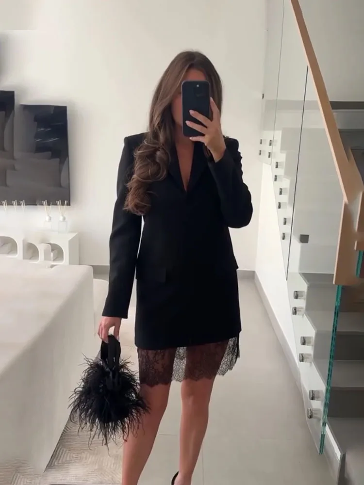 HH امرأة بدلة على الموضة نمط فستان قصير بأكمام طويلة جيب من الدانتيل الديكور البدلة نمط البلوز فستان أنثى فستان نحيل غير رسمي